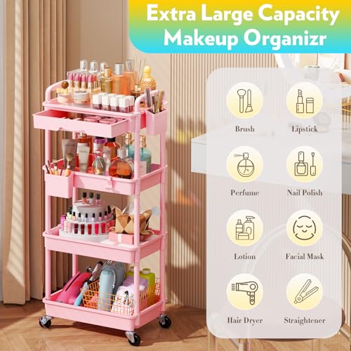 SUNALLY Makeup Cart Organizer with Drawer, 4 Tier Rolling Makeup Cart, Pink - color: Pink, size: 4 Tier
