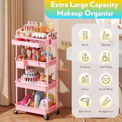 SUNALLY Makeup Cart Organizer with Drawer, 4 Tier Rolling Makeup Cart, Pink - color: Pink, size: 4 Tier