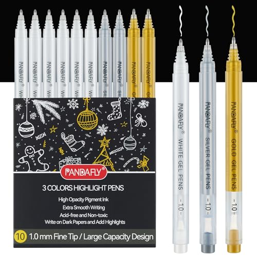 PANDAFLY Gold Silver White Gel Pens, 10-Pack, 1.0mm Fine Point Gel Ink Pens | 3 Colors Archival Ink Pens for Highlights, Black Paper Drawing, Sketching, Illustration, Card Making, Bullet Journaling - color: Multicolor