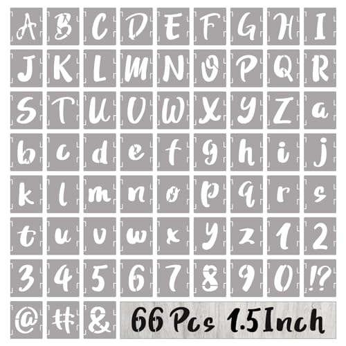 BAMIDELE 1.5 Inch Letter Stencils and Numbers, 66 Pcs Reusable Plastic Alphabet Symbol Interlocking Drawing Template Kit for Painting on Wood, Wall, Chalkboard, Fabric, Door Porch, Signage - size: 1.5 Inch