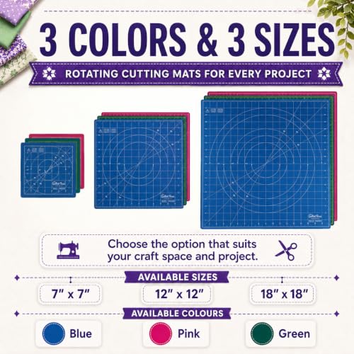 The Quilted Bear 12" x 12" Rotating Self-Healing Cutting Mat, Blue | Square Mat, 360° Rotation, Locking Mechanism, 5-Layer Surface, Non-Slip Base, Clear Inch Grid & Angle Guides for Quilting - color: Blue, size: 12"L x 12"W