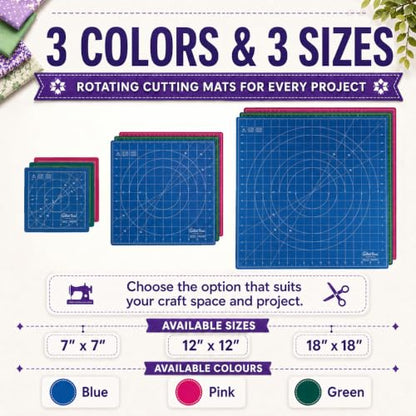 The Quilted Bear 12" x 12" Rotating Self-Healing Cutting Mat, Blue | Square Mat, 360° Rotation, Locking Mechanism, 5-Layer Surface, Non-Slip Base, Clear Inch Grid & Angle Guides for Quilting - color: Blue, size: 12"L x 12"W