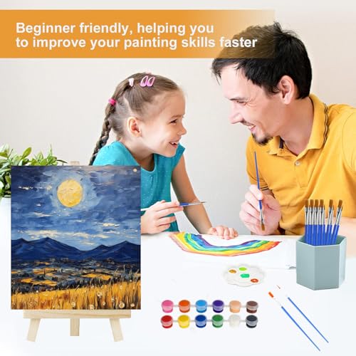 16 Pack 8x10 Inch Canvas and Easel Set, 16 Small Canvas for Painting with 16 Easels, 16 Acrylic Paint Set, 32 Paint Brushes, 16 Palletes, Painting Kits for Adults Beginners Party