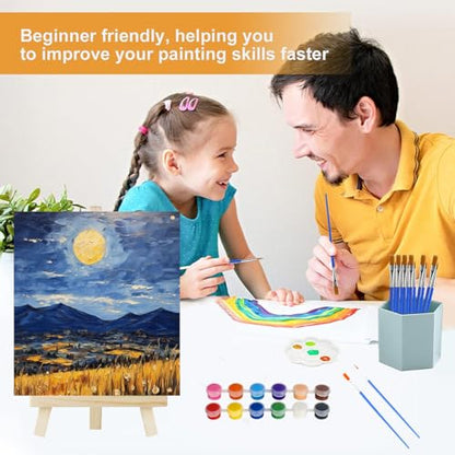 16 Pack 8x10 Inch Canvas and Easel Set, 16 Small Canvas for Painting with 16 Easels, 16 Acrylic Paint Set, 32 Paint Brushes, 16 Palletes, Painting Kits for Adults Beginners Party
