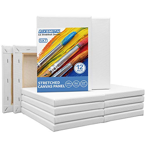 FIXSMITH Stretched White Blank Canvas- 5x7 Inch,Bulk Pack of 12,Primed,100% Cotton,5/8 Inch Profile of Super Value Pack for Acrylics,Oils & Other Painting Media. - size: 5"x7"-12Pack