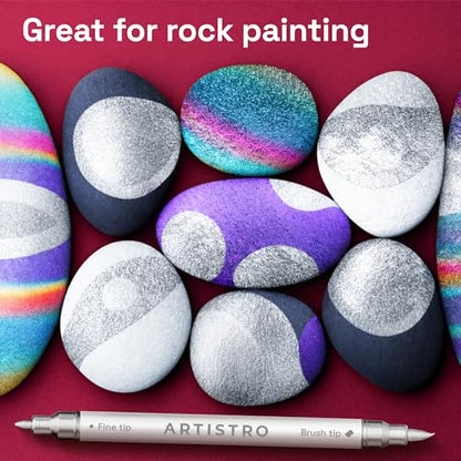ARTISTRO 5 Silver Dual-Tip Acrylic Paint Marker Pens for Drawing | For Fabric, Rock, Glass, Wood, & Molds, Arts & Crafts Gift for Adults, Teens, & Kids, Classroom Must Haves & School Supplies