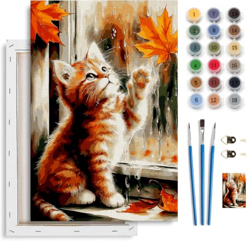 Spandrel Framed Paint by Numbers Cat Kit for Adult, Autumn Adult Paint by Number Kits on Canvas, DIY Acrylic Oil Easy Halloween Painting by Numbers Fall for Home Wall Decor, 8x12in - color: H-22