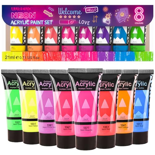 AUREUO Neon Acrylic Paint Set - 8 Fluorescent Colors x 0.71 Fl Oz / 21ml - color: 8 Neon Colors, size: 0.71 Fl Oz (Pack of 8)