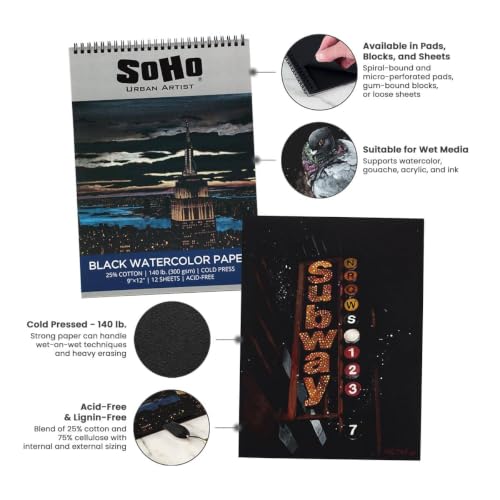 SoHo Urban Artist Black Watercolor Paper Pad, 11x14 12 Sht, Cold Press | Watercolor Spiral Pad, 25% Cotton Acid-Free Paper for Mixed Media, Gouache, Acrylic Paint, Ink & Metallic Watercolor Paint