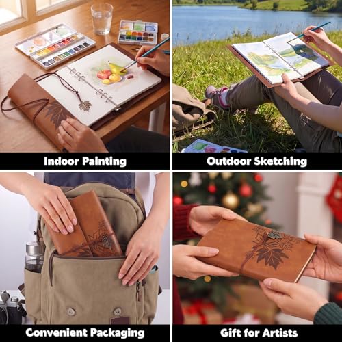 Watercolor Journal, 24 Sheets, 5.5 x 8.1 in, Khaki Leather Cover - color: Light Brown