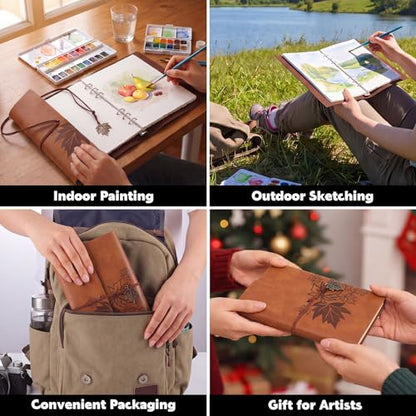 Watercolor Journal, 24 Sheets, 5.5 x 8.1 in, Khaki Leather Cover - color: Light Brown