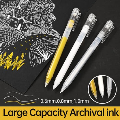 GETHPEN Gold Silver White Gel Pen Set, 0.6/0.8/1.0mmFine Point Gel Ink Pen - size: 1 Count (Pack of 9), style: 9 Pack White, Gold and Silver