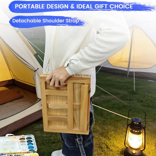 Portable Tabletop Easel for Painting, Wooden Desk Easel with Drawer & Palette, Adjustable Art Easel for Adults Beginners, Foldable Travel Easel with Handle & Strap (Beech Wood)