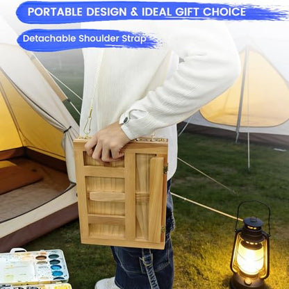 Portable Tabletop Easel for Painting, Wooden Desk Easel with Drawer & Palette, Adjustable Art Easel for Adults Beginners, Foldable Travel Easel with Handle & Strap (Beech Wood)