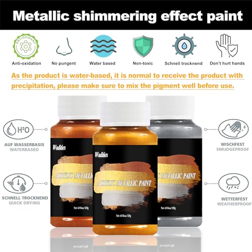 Acrylic Paint Metallic, 3pcs 13.5oz(375g) Gold & Silver & Bronze Leaf Paint | Gold Leaf Paint for Art Painting, Ideal for Canvas, Wood, Clay, Fabric, Ceramic, Stone, Glass Craft Supplies