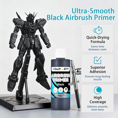 HOMY ARTY Airbrush Primer - Black, 8.45 fl.oz. Acrylic Primer | for Airbrush Paint, Quick-Drying Matte Finish for Acrylic Paint with Excellent Adhesion to Plastic Models, Metal, Canvas - color: Black