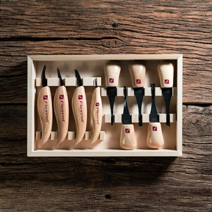 Flexcut Wood Carving Tools | Deluxe Palm & Knife Set | Includes 4 Carving Knives and 4 Palm Tools | 1095 High Carbon Steel Blades | Ash Hardwood Handles | KN700 | Made in the U.S.A. - style: Deluxe Palm & Knife Set