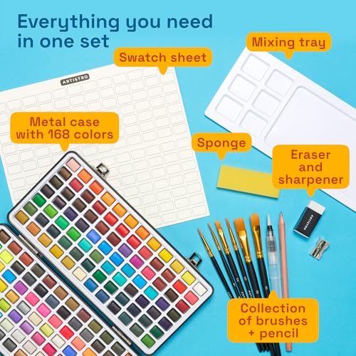 ARTISTRO Deluxe Watercolor Paint Set with Palette & Brush Pens - 168 Colors - style: 168 colors Portable Travel