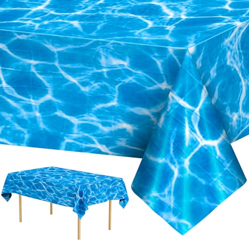 3 Pieces Ocean Tablecloth - Under The Sea Ocean Waves Table Cloths, Plastic Rectangle Blue Water Print Table Cover for Beach Pool Birthday Party Decorations Tables Decor Supplies Favors, 108 x 54 Inch - color: Blue-3 Pcs