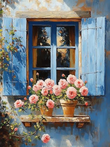 Accompany Wind Flowers Window Diamond Art Kits for Adults, 5D Window Scenery Diamond Painting Kits for Beginners,DIY Round Full Drill Diamonds Gem Art Crafts for Home Wall Decor Gifts 12x16 Inch - color: Windowsill flowers