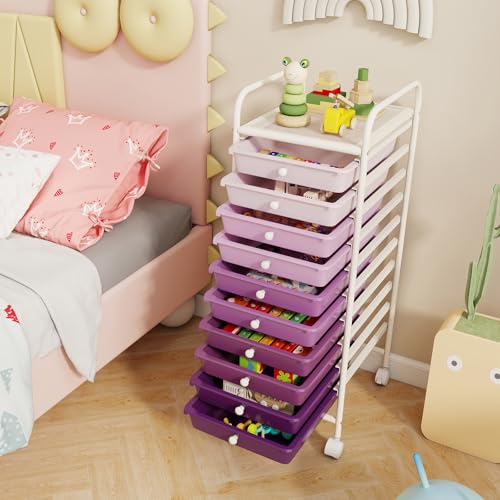 RELAX4LIFE 10 Drawer Rolling Cart - Slim Storage Cart w/Lockable Wheels for Classroom School Teacher Office, Art Supplies Paper Scrapbook Craft Organizers, Utility Cart with Drawers (Gradient Purple) - color: Gradient Purple, size: 34''H