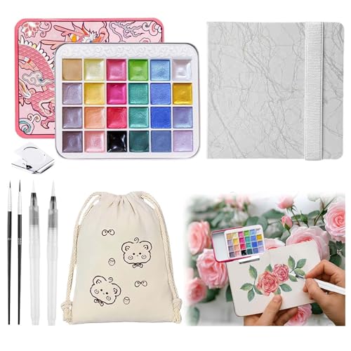 Mini Watercolor Paint Set - 24 Colors Glitter Travel Watercolor Set, Portable Metallic Water Color Paints Palette Box with Watercolor Book,Clips,Pens,Storage Bag for Painting Lovers and Artists - color: Pink 24 Colors