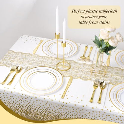 Goodluck 54 Inch X 300 Feet Plastic Table Cloths with Cutter Box, Gold Disposable Table Cover Roll, Plastic Tablecloth for Party, Wedding, Birthday, Anniversary, Event, White Gold Dot - color: White Gold Dot, size: 15.4" x 5.5" (Rectangular)