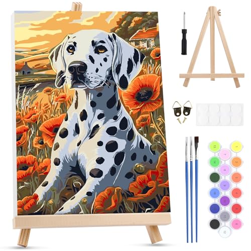 MXJSUA Dalmatian Dog Paint by Numbers Kit with Frame for Adults, Animal Easy Beginners Paint by Number on Canvas with Easel, Acrylic Number Painting Craft Gifts for Home Decor, 8x12 inch - color: Dalmatian Dog