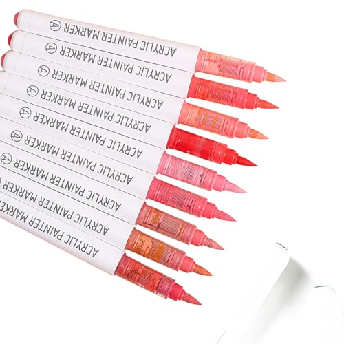 Acrylic Paint Markers,Solid Color Series 9 pcs Acrylic Paint Pens Set Brush Tip Acrylic Paint Pens for Artists Adults,for Rock Painting, Ceramic Mugs,Eggs,Canvas DIY Crafts（Red） - color: Red