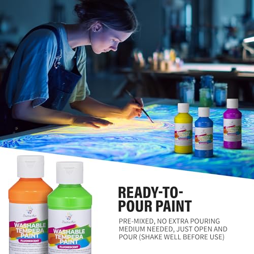 Neon Fluorescent Washable Tempera Paint – UV-Reactive Under Blacklight, 6 Bright Colors, 4 fl oz Bottles, Non-Toxic Kid-Safe Craft & Classroom Paint, Made in USA - color: Neon