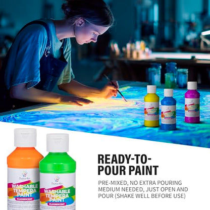 Neon Fluorescent Washable Tempera Paint – UV-Reactive Under Blacklight, 6 Bright Colors, 4 fl oz Bottles, Non-Toxic Kid-Safe Craft & Classroom Paint, Made in USA - color: Neon