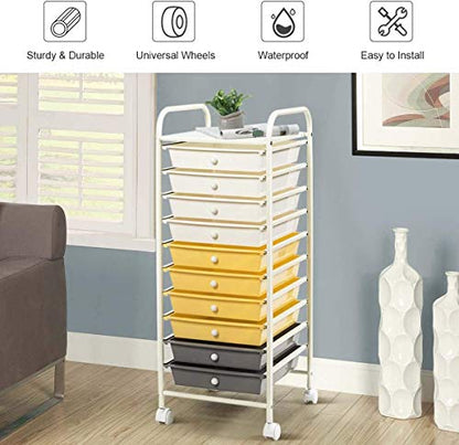 Happygrill 10-Drawer Storage Cart, Utility Cart with Removable Drawers & Metal Frame, Rolling Storage Cart with Lockable Wheels for Home, Office, Yellow - color: Yellow