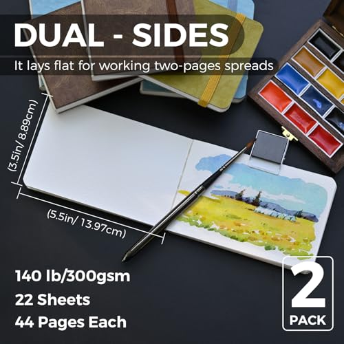 Funto Watercolor Paper Journal 2-Pack, 3.5x5.5, 44 Pages Each, 100% Cotton Cold Press, PU Leather Blue Hard Cover, Art Supplies for Mixed Media - color: Blue, size: 3.5x5.5