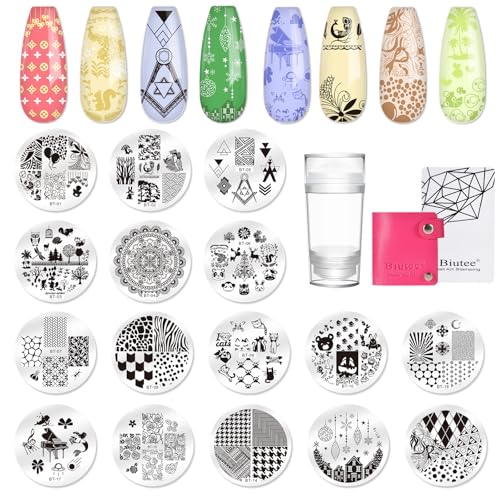 Biutee 15PCS Nail Stamping Plates with Nail Art Stamper and Scraper | Nail Stamper Kit Nail Stamp Plate Flower Animal Geometry Stripe Design Nail Stamping Kit with Storage Bag - color: 18pcs