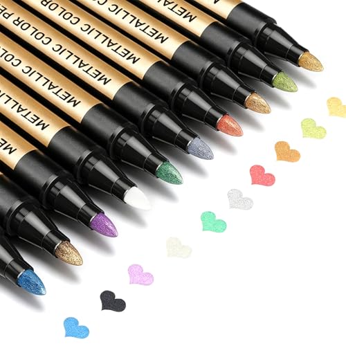 JR.WHITE Metallic Paint Markers, 10 Colors for Scrapbook, Black Paper, Photo Album, Rock Painting, Glass, Wood, Scrapbook Supplies, Card Making Kit, DIY Arts & Crafts
