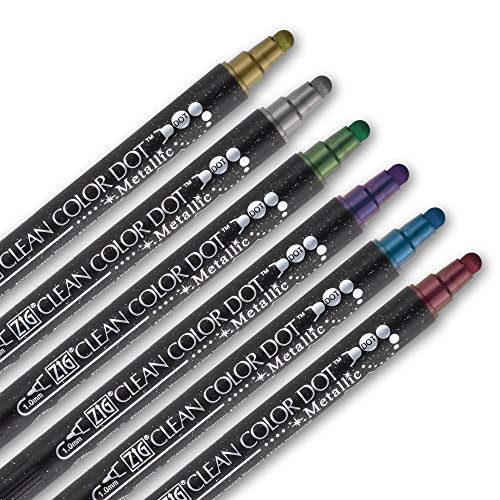 Kuretake CLEAN COLOR DOT Metallic Dual tip markers 6 Colors set, 0.5mm fine tip and a flexible dot tip, for Journals, Crafts, Illustration, Lettering, Planners, for Adult, Made in Japan - style: Metallic 6 Colors set(Dual tip)