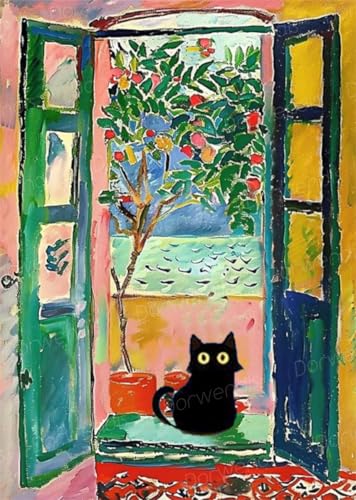 Diamond Art Kits for Adults, Black Cat DIY Diamond Painting Kits 12x16inch | Dorwendis 5D Cat Diamond Art Kits for Beginner,Round Full Drill Diamonds for Wall Home Decor Arts Craft - color: DOW-DP-018