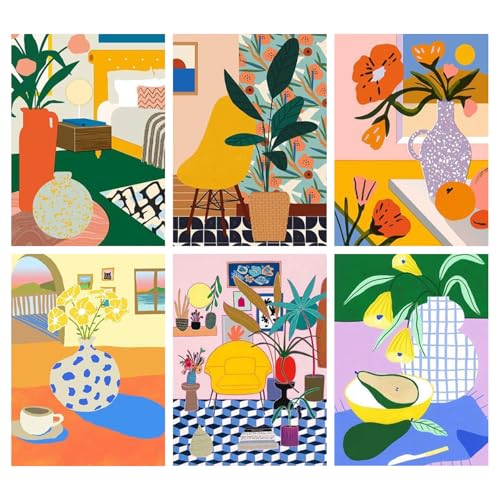Amaieuin 6 Pack Paint by Numbers Kit for Adults Beginner,Paint by Number Adult,Easy Adult Paint by Numbers for Home Decor Gift 12x8in - color: 6 Pack Plant, size: 12x8in