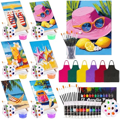Cholemy 6 Set Paint and Sip Kit for Adults 8"x 10" Pre Drawn Canvas Painting with Wooden Easel Acrylic Paint Wash Cup Brushes Palette Apron for Painting DIY Adult's Date Party Supplies(Hawaii) - style: Hawaii