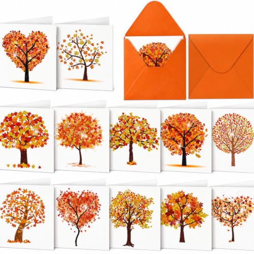 Saillong 12 Pack Fall Tree Diamond Painting Greeting Card Kits DIY Thanksgiving Diamond Art Cards with Envelopes Life Tree 5D Rhinestones Painting Making Kit for Adult DIY Crafts Family Friend Gifts - color: Fall Tree