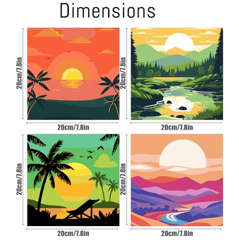 Canrichshop 4 Framed Landscape DIY Paint by Numbers Kit for Adults Beginner,Sunset Easy Painting by Number with Canvas,Acrylic Paint Kit Arts and Crafts for Adults for Decor 8x8inch - color: BKH422+BKH423+BKH424+BKH425