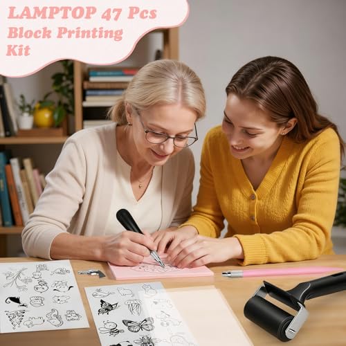 LAMPTOP 47 Pcs Block Printing Linocut Kit DIY Printmaking & Craft Projects | Rubber Stamp Making Set with Rubber Blocks,Carving Tools,Brayer & Ink,Complete Stamp Cutter Set for Beginners, Adults, Women