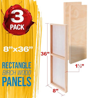 U.S. Art Supply 8" x 36" Unfinished Cradled Wood Panels for Painting, Gallery 1-1/2" Deep (3 Pack) - Artist Depth Wooden Wall Canvases - Mixed-Media Craft, Acrylic, Oil, Encaustic, Paint Pouring - size: 8" x 36"