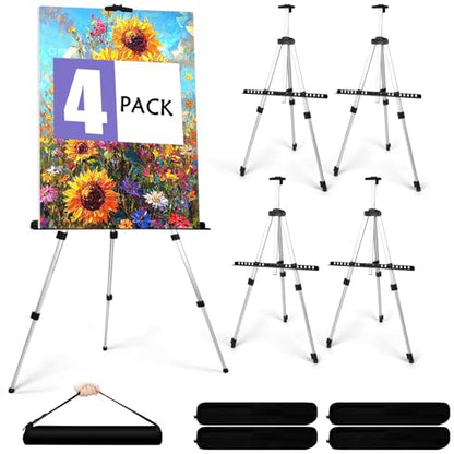 4 Pack Art Painting Artist Easel Stand Adjustable Portable Aluminum Metal Tripod Display Easel with 4 Bag Height from 20-66 Inches Tabletop Art Easel for Table-Top/Floor Drawing and Displaying,Silver