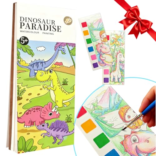 Pocket Watercolor Painting Book, 12-Page Travel Set for Kids 5+ Years, Art Craft Gift for Boys and Girls, Birthday and Christmas Party (Dinosaur Paradise) - color: Dinosaur Paradise