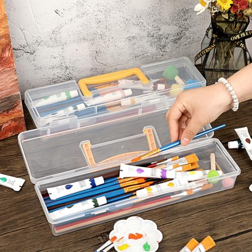 BTSKY 1 Pack Clear Plastic Painting Brush Container with Yellow Handle, Portable Long Paintbrush Case, Drawing Tools Storage Box, Practical Art Supply Organizer for Artist Crafters, 13.1"x3.7"x2.4"