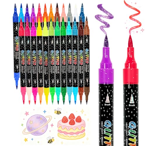 48 Colors Duo Glitter Effect Brush Markers, 24 Pack Water-based Ink Glitter Pens, Metallic Sparkle Markers for Doodle Writing, Glitter Art Crafts Gifts Trendy Stuff Art Supplies Drawing Supplies