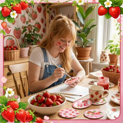Reallnaive 8 Pcs Strawberry Paint by Numbers Kit for Adults Wooden Coasters - style: Strawberry