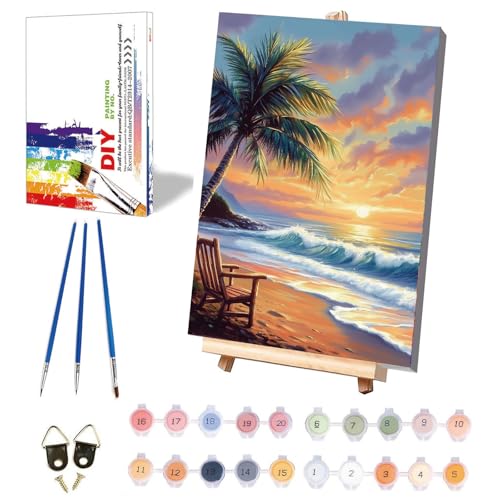 xackcme Beach Paint by Numbers for Adults with Framed Canvas 8x12 inch | Landscape Paint by Number on Canvas, DIY Sunset Acrylic Oil Painting Kits with Wooden Easel Brushes for Home Wall Decor - color: BKMT0056