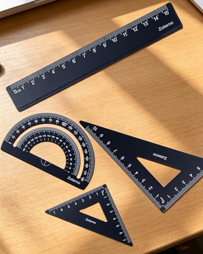 Geometry Ruler Set for Students, Metric Measurement 4-Piece Metal Math Drafting Kit with Non-Slip Design 15 cm Straightedge Ruler, 180° Protractor & 2 Triangles for School Kids (Black) - color: Black